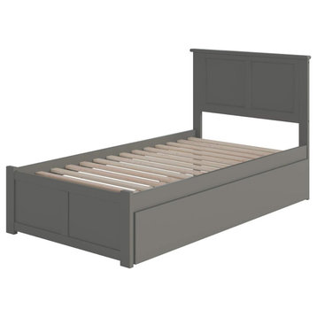 Traditional Twin Size Bed Frame, Wooden Slats Support and Trundle, Grey