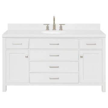 Ariel Bristol 60" Single Oval Sink Bathroom Vanity, Carrara Quartz, White