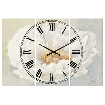 White Serene Peony Traditional 3 Panels Metal Clock