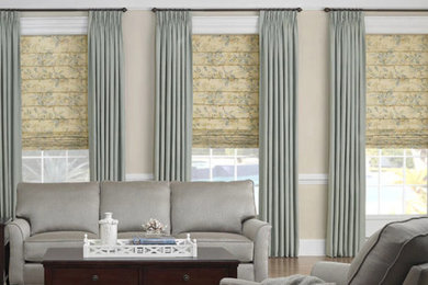 Example of a transitional living room design in Boston