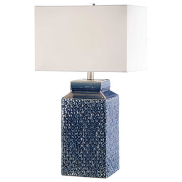 Ornate Embossed Sapphire Blue Ceramic Table Lamp, Porcelain Silver Antique-Style