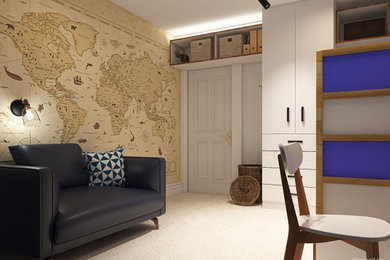 Design ideas for a small modern children’s room for boys in London with white walls, carpet, beige floors, wallpapered walls and a feature wall.