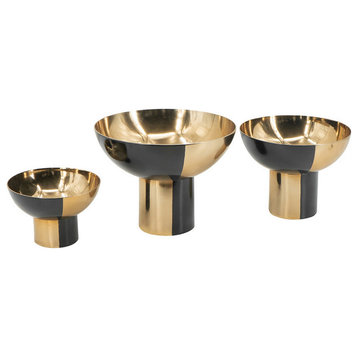 Set Of 3 Round Bowls, Black And Gold Aluminum Finish, Sturdy Metal Stand