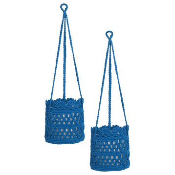 Modé Crochet 6" x 6" x 6" Hanging Baskets (Set of 2), Cobalt Blue
