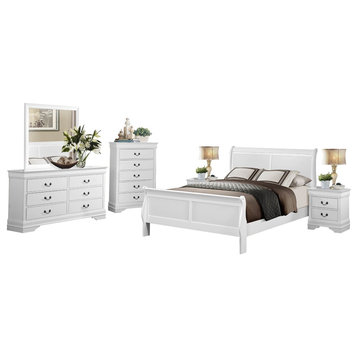 6-Piece Modern Cal King Sleigh Bed, Dresser, Mirror, 2 Nightstand, Chest White