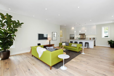 Trendy light wood floor family room photo in San Francisco with white walls