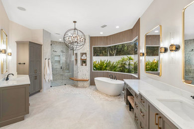 Inspiration for a large contemporary master multicolored tile and pebble tile porcelain tile, white floor, double-sink and wood wall bathroom remodel in Miami with brown cabinets, a two-piece toilet, beige walls, an undermount sink, quartz countertops, a hinged shower door, white countertops and a built-in vanity