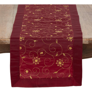 Holiday Gold Embroidery Sequined Burgundy Table Runner, 16"x90"