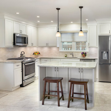 Bright Transitional Kitchen Remodel | Soft White Cabinets, Quartz Countertops