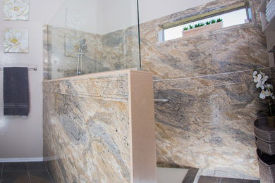 Doorless shower - mid-sized traditional 3/4 beige tile, brown tile, gray tile and stone slab slate floor doorless shower idea in Phoenix with raised-panel cabinets, white cabinets, a one-piece toilet, purple walls, an undermount sink and solid surface countertops