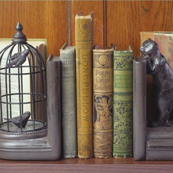 Cat and Bird Cage Bookend Set - Bookends