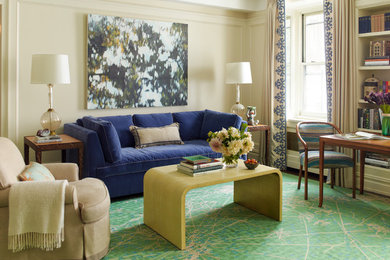 Mid-sized eclectic formal and enclosed dark wood floor living room photo in New York with beige walls, a standard fireplace, a wood fireplace surround and a wall-mounted tv