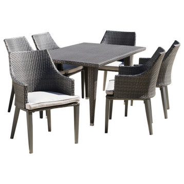 GDF Studio 7-Piece Lenny Outdoor Gray Wicker Dining Set With Cushions