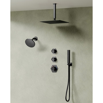 Dual Heads Thermostatic Shower Faucet with 2 Function Handheld Shower, Matte Black, 12 in X 6 in