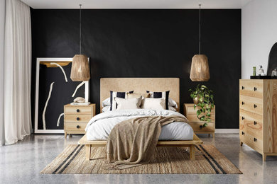 広いコンテンポラリースタイルのおしゃれな主寝室 (黒い壁、コンクリートの床、グレーの床)