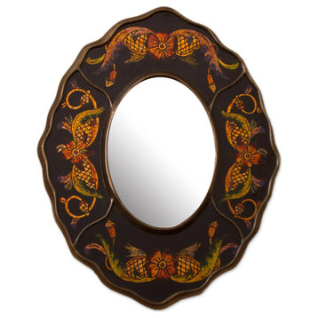 Novica Handmade Black Colonial Wreath Reverse-Painted Glass Wall Mirror