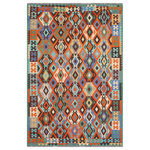 Bareens Designer Rugs - Rustic Turkish Kilim Leatrice Hand-Woven Wool Rug - 6'9'' x 9'9'' - Elevate the elegance of your home with this stunning hand-woven tribal Kilim wool rug. Meticulously crafted on a loom by the Nomad Turkman people using hand-spun wool and 100% natural vegetable dyes, these rugs are recognized for their repetitive geometric patterns, incorporating naturalistic floral and traditional designs. The contemporary fashion palette results in bold, sharp patterns that are incredibly versatile, as the pattern is the same on both sides. These reversible rugs feature a lighter shade on one side and brighter colors on the other, providing versatility according to preference. These unique rugs are made by knotting short strands of different colors onto the warps and securing them by tightly pressing the wefts. The designs are created by interweaving the various colored wefts and warps. Kilims are known for their exceptional durability and versatility, making them truly unique rugs.  Product Details    Rug Size: 6'9'' x 9'9''  Material: 100% Wool  Style: Kilim, Flat Weave, Dhurrie, Turkish, Southwestern, Rustic, Tribal  Colors: Rust, Blue  Weave Type: Hand-Woven, Handmade  Pile Height: Less than 0.25 inch