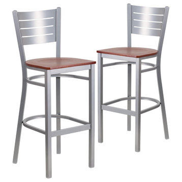 Set of 2 Bar Stool, Silver Metal Frame With Wood Seat & Slatted Back, Cherry