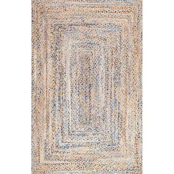 Hand Braided Twined Jute and Denim Area Rug, Blue, 7'6"x9'6"