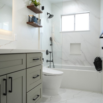 Modern Small Bathroom Remodel with Grey RTA Vanity Cabinets and Black Fixtures
