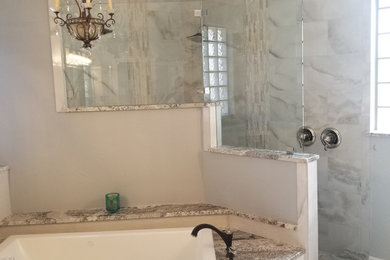 Bathroom - large transitional master gray tile and porcelain tile bathroom idea in Dallas with gray walls