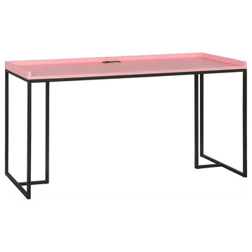 Modern Desk, Sleek Metal Base & Rectangular Top With Charging Station, Pink