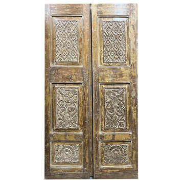 Consigned Jal Mahal Pair Carved Doors, Vintage Whitewash Doors, Pantry Door
