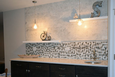 Example of a small minimalist single-wall porcelain tile and white floor wet bar design in Chicago with an undermount sink, flat-panel cabinets, dark wood cabinets, marble countertops, white backsplash, marble backsplash and white countertops