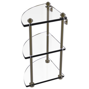 Southbeach Three Tier Corner Glass Shelf, Antique Brass