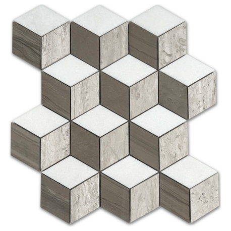 Athens Silver Cream Marble 3D Cube Diamond Geometry Hex Mosaic Tile, 1 sheet