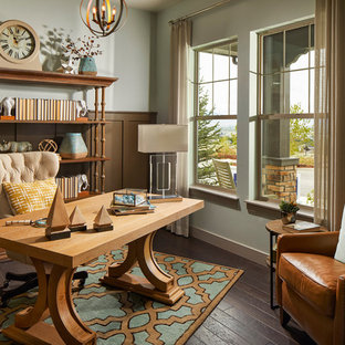 Photo of a traditional study room in Salt Lake City with multi-coloured walls, dark hardwood floors, no fireplace and a freestanding desk.