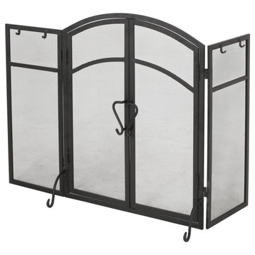 Westerville Iron Folding Fireplace Screen With Door and Tools, Matte Black