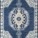 Momeni - Anatolia ANA-3 Machine Made Navy Area Rug 9'9"x12'6" - The pastel color palette of the Anatolia Collection presents the softer side of tribal style. Subdued shades of pink, baby blue and brown fill the field and ornamental rug borders with classical medallions and vine and dot motifs. Crafted in an innovative combination of natural wool and nylon threads, modern machining mimics ancestral weaving techniques to create a series of chic floor coverings that are superior in beauty and performance.