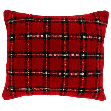 Plaid Chenille Design Down-Filled Throw Pillow, 18"x18", Red