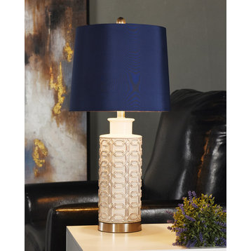 Cream, Blue, and Brushed Nickel Ceramic/Steel Table Lamp