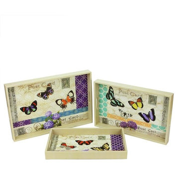 Decorative Vintage-Style Butterfly Wooden Trays, Set of 3