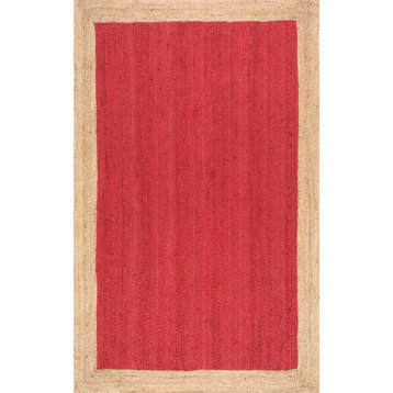 Jute Simple Border Area Rug, Red, 4'x6'