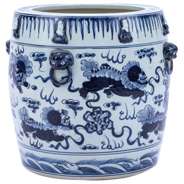 Legend of Asia Blue And White Lion Drum Shaped Planter 1153