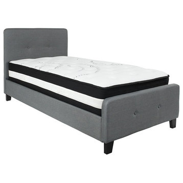 Twin Size Tufted Platform Bed, Dark Gray With Pocket Spring Mattress
