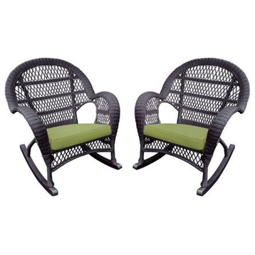 Jeco Wicker Rocker Chair in Espresso with Green Cushion (Set of 2)