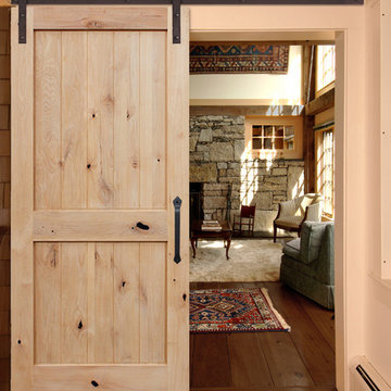 Unfinished Interior Knotty Alder 2 Panel V Groove Barn Door, Bronze Hardware