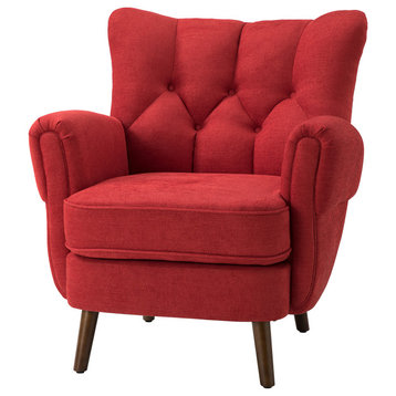 Mid Century Upholstered Club Chair with Wingback&Button-tufted Design, Red
