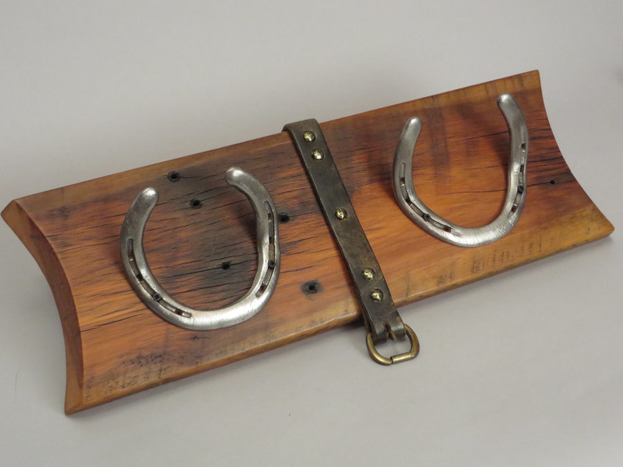 #R15059 Coat Rack Reclaimed Ambrosia Maple, horseshoes, leather.