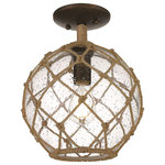 Golden - Golden Haddoc 1-Light Semi-Flush 1092-SF BC-SD, Burnished Chestnut - Haddoc has the look of a reclaimed sea treasure, brought home and revamped. The large, round, seeded glass is reminiscent of an iridescent bubble magically snared by a net. Enhancing the nautical-inspired design, knotted rope and contrasting hardware mimic old-world tools. These bright lights allow for widespread illumination and are perfect in coastal settings.