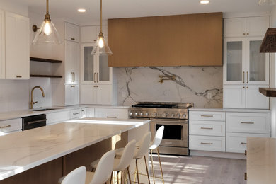 Enclosed kitchen - large modern u-shaped light wood floor, brown floor and exposed beam enclosed kitchen idea in DC Metro with a drop-in sink, beaded inset cabinets, marble countertops, multicolored backsplash, marble backsplash, stainless steel appliances, an island and multicolored countertops