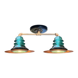 Railroadware - Insulator Light 7" Rusted Metal Hood Ceiling Light, Blue/Green - Flush-mount Ceiling Lighting
