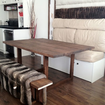 Small dining room with a bench, limited budget and made of only recycled materia