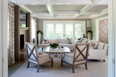 Example of a large transitional open concept medium tone wood floor family room design in DC Metro with gray walls, a standard fireplace, a stone fireplace and a wall-mounted tv