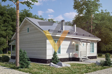 Стильный дизайн: маленький, одноэтажный, деревянный, белый частный загородный дом в современном стиле с двускатной крышей и металлической крышей для на участке и в саду - последний тренд