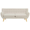 Retro Sofa, Natural Wooden Legs & Beige Polyester Seat With Button Tufted Back